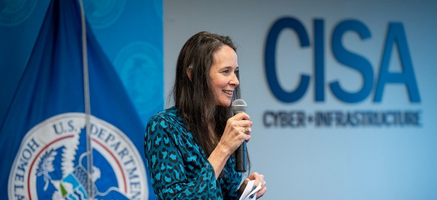 The swearing in of new Cybersecurity and Infrastructure Security Agency director Jen Easterly at CISA Headquarters in Arlington, VA.
