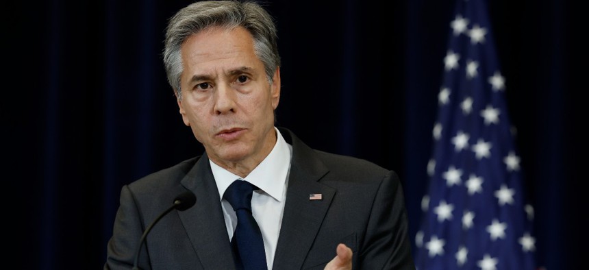  U.S. Secretary of State Anotny Blinken answers a reporter's question during a news conference with his Mexican counterparts at the State Department on October 13, 2022 in Washington, DC. 