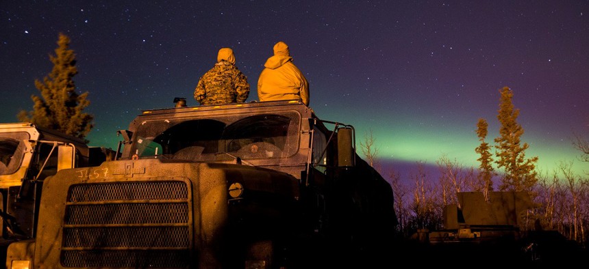 U.S. Marines view the Northern Lights during exercise Arctic Edge on Joint Base Elmendorf-Richardson, Alaska, Mar. 10, 2018.