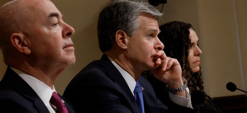 (L-R) Homeland Security Secretary Alejandro Mayorkas, Federal Bureau of Investigation Director Christopher Wray and National Counterterrorism Center Director Christine Abizaid testify before the House Homeland Security Committee in the Cannon House Office Building on Capitol Hill on November 15, 2022 in Washington, DC.