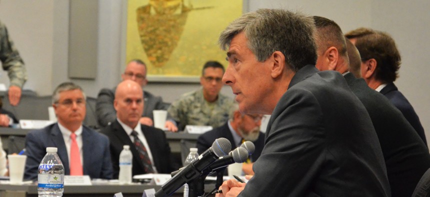 Chris Inglis takes a question from the audience during the Cyber Roundtable at Scott Air Force Base on May 2, 2018. Inglis, now serving as National Cyber Director, is leading efforts to develop a new national cyber strategy.