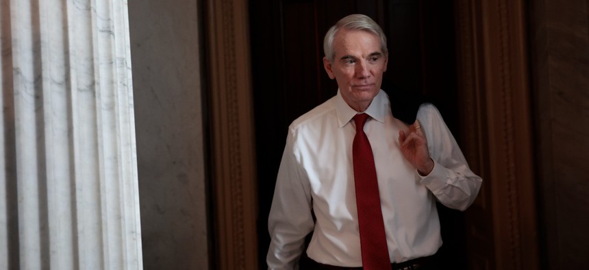 Sen. Rob Portman (R-OH) departs from the Senate Republicans' daily luncheon at the U.S. Capitol Building on May 05, 2022 in Washington, DC. 