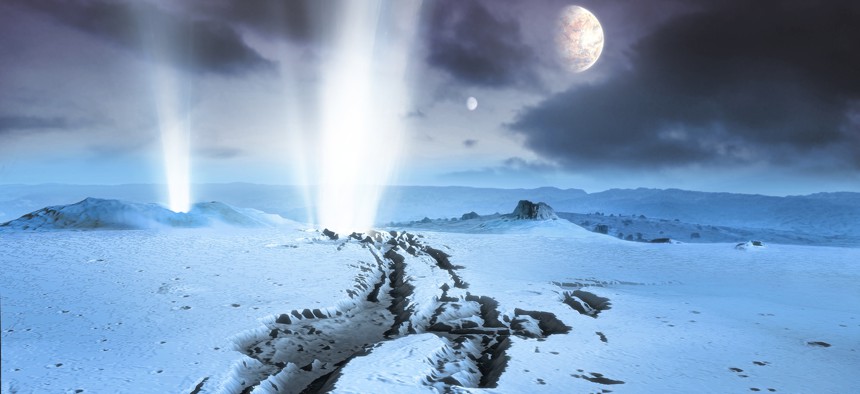 Illustration of the landscape of an icy extrasolar planet. The planet has at least two moons. Cryonic geysers are seen in the foreground. Similar events are known to occur in the Solar System, on Enceladus, Triton and possibly Europa.