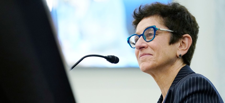 Gigi Sohn, President Joe Bidens nominee to serve on the Federal Communications Commission, testifies before the Senate Commerce, Science and Transportation Committee during her nomination hearing on Capitol Hill, February 9, 2022 in Washington, DC.
