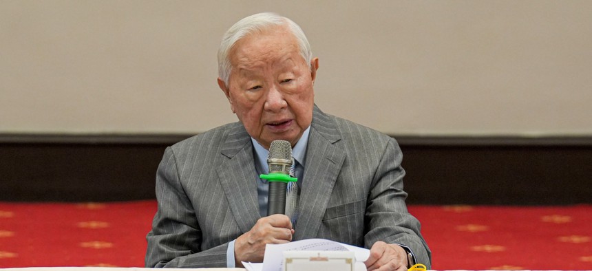 Morris Chang, Founder and former CEO of Taiwan Semiconductor Manufacturing Company, speaks at a press conference following the 2022 Asia-Pacific Economic Cooperation conference in Taipei.