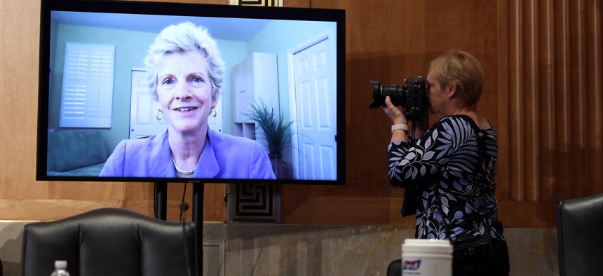Robin Carnahan testifies via videoconference at her June 10 2021 confirmation hearing before the Senate Homeland Security and Governmental Affairs Committee.
