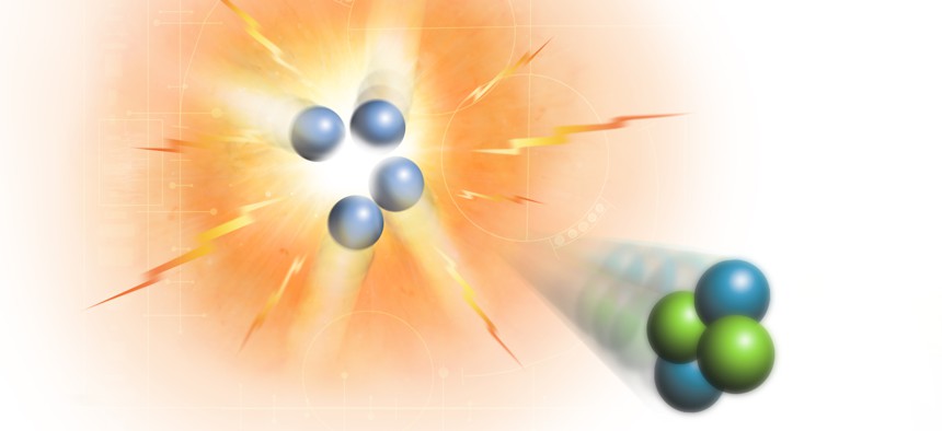 Conceptual image representing the process of nuclear fusion, specifically the creation of helium from hydrogen. Four protons (hydrogen nuclei) are combining on the left, releasing in the process two protons and two neutrons (a helium nucleus). The sum of the masses of the neutron and protons is less than that of the original four protons. The 'missing mass' is converted to energy, which we see in the form of electromagnetic radiation. This is the power behind the Sun's brilliant glow. In practice, the conversion of hydrogen into helium is more complicated than this, and undergoes several stages between the two shown here