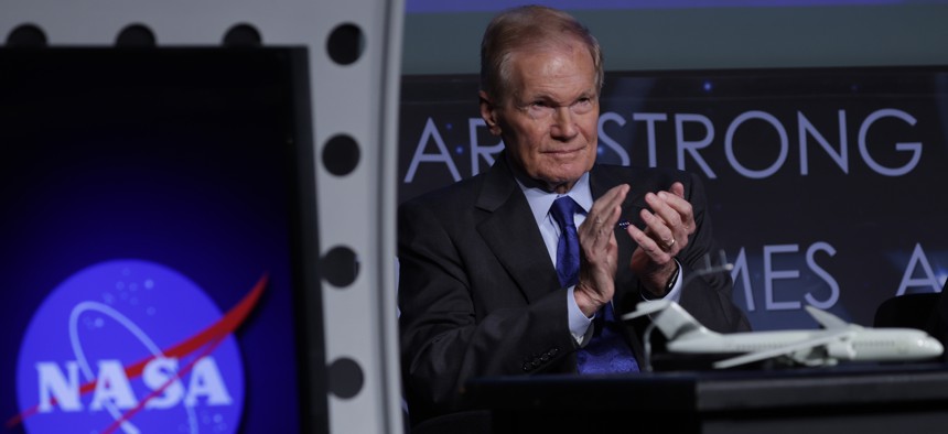WASHINGTON, DC - JANUARY 18: NASA Administrator Bill Nelson applauds during a news conference to discuss the agency’s Sustainable Flight Demonstrator project "to develop technology and designs for a new generation of lower-emission single-aisle airliners" at the James Webb Auditorium of NASA Headquarters on January 18, 2023 in Washington, DC. NASA announced Wednesday it has issued an award to partner with Boeing to develop and flight-test a full-scale Transonic Truss-Braced Wing demonstrator aircraft. 