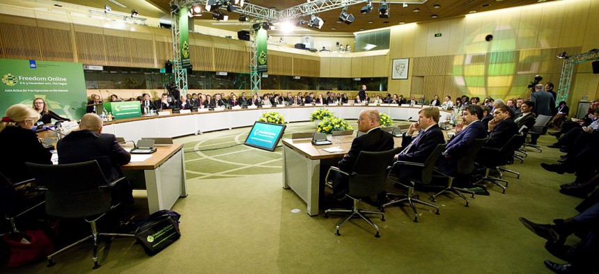 Dutch Prince Willem-Alexander (4-L) and Dutch minister of Foreign Affairs Uri Rosenthal (3-L) during the Freedom Online Conference in the Ministry of Foreign Affairs in The Hague, on December 9, 2011.