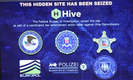 An image of a seized ransomeware website is displayed at a press conference where the U.S. Attorney General Merrick Garland made an announcement on an international ransomware enforcement action at the U.S. Justice Department on January 26, 2023 in Washington, DC. 