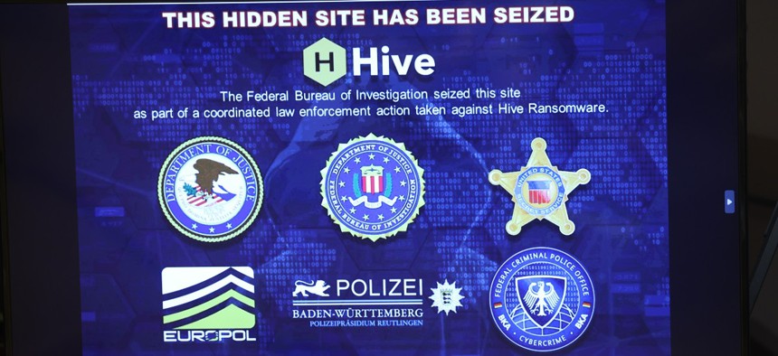 An image of a seized ransomeware website is displayed at a press conference where the U.S. Attorney General Merrick Garland made an announcement on an international ransomware enforcement action at the U.S. Justice Department on January 26, 2023 in Washington, DC. 