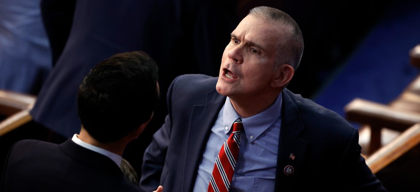 Rep. Matt Rosendale (R-Mont.) on the House floor on the fourth day of voting to elect a House Speaker at the start of the current session of Congress.