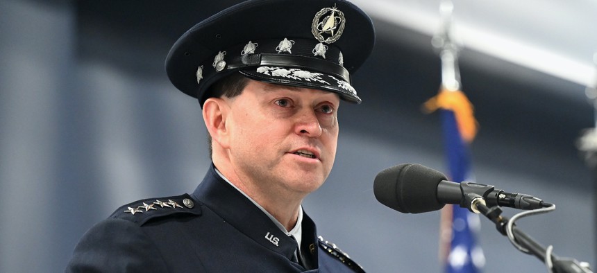 Chief of Space Operations Gen. Chance Saltzman speaks at the transition ceremony for the chief of space operations at Joint Base Andrews, Md., Nov. 2, 2022.