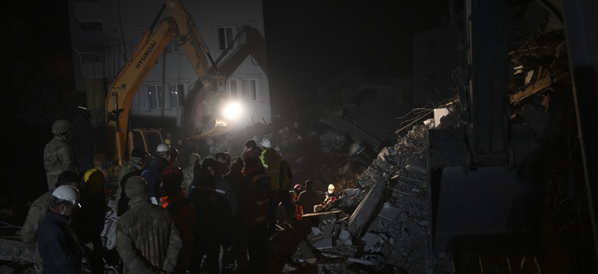 ADIYAMAN, TURKIYE - FEBRUARY 13: 44-year-old Naime Sakar is rescued from under rubble 164 hours after earthquakes in Adiyaman, Turkiye on February 13, 2023. 