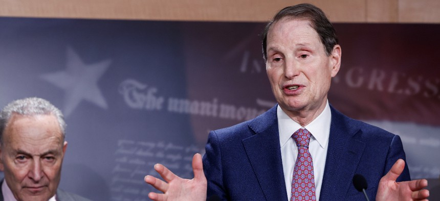 Sen. Ron Wyden (D-OR) speaks at a press conference at the U.S. Capitol Building on March 01, 2023 in Washington, DC.