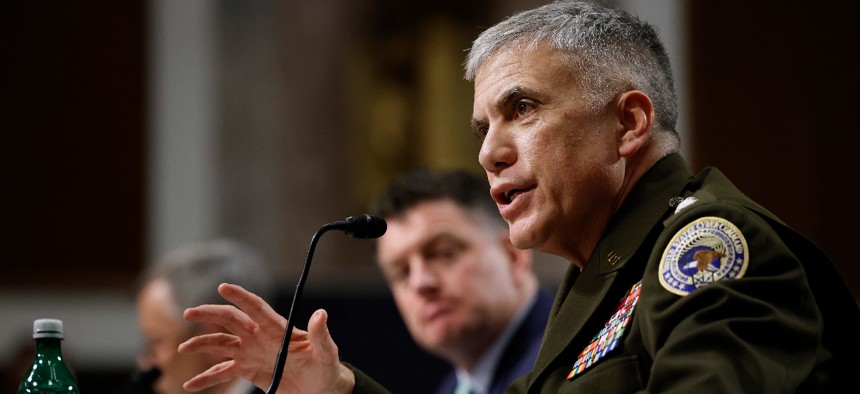 U.S. Army Gen. Paul Nakasone, commander of U.S. Cyber Command and director of the National Security Agency, testifies before the Senate Armed Services Committee in the Dirksen Senate Office Building on Capitol Hill on March 07, 2023 in Washington, DC.