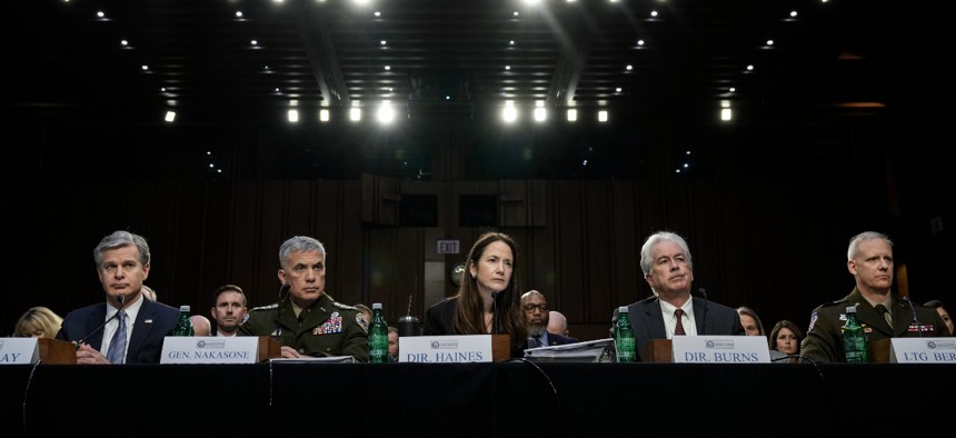 (L-R) FBI Director Christopher Wray, Director of the National Security Agency Gen. Paul Nakasone, Director of National Intelligence Avril Haines, CIA Director William Burns and Defense Intelligence Agency Director Lt. Gen. Scott Berrier testify during a Senate Intelligence Committee hearing concerning worldwide threats, on Capitol Hill March 8, 2023 in Washington, DC. 