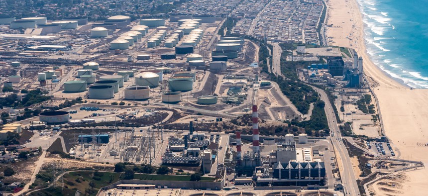 Hyperion Water Reclamation Plant and the beach in El Segundo, Calif.