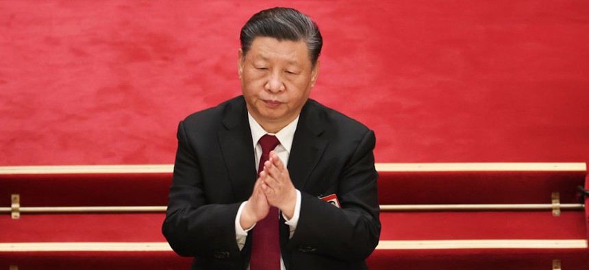 Chinese President Xi Jinping attend the opening of the first session of the 14th National People's Congress at The Great Hall of People on March 5, 2023 in Beijing, China.