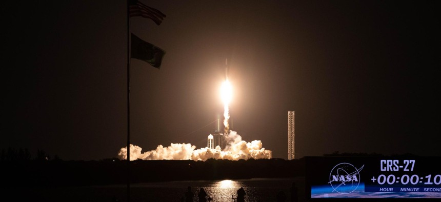 The SpaceX Falcon 9 rocket carrying the Dragon spacecraft lifts off from Launch Complex 39A at NASA’s Kennedy Space Center in Florida on March 14, 2023, on the company’s 27th commercial resupply services mission for the agency to the International Space Station.