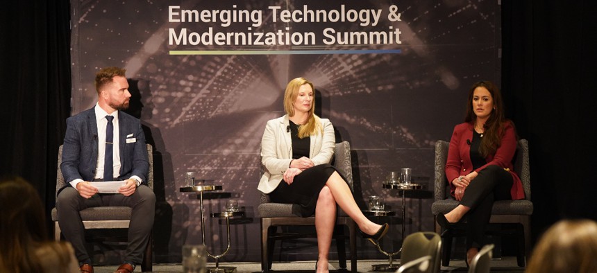 Nextgov Executive Editor Frank Konkel (L), TSA Customer Service Branch Manager Nicole French (C) and USDA Chief Customer Experience Officer Simchah Suveyke-Bogin (R) discuss customer experience at the Nextgov Emerging Technology and Modernization Summit. 