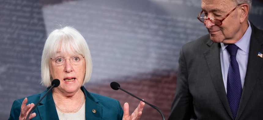 Sen. Patty Murray (D-Wash.) and Senate Majority Leader Chuck Schumer (D-N.Y.) speak during a March 9 press conference. Murray said Wednesday that health care providers told her that they are burnt out trying to navigate the VA's "broken interface."