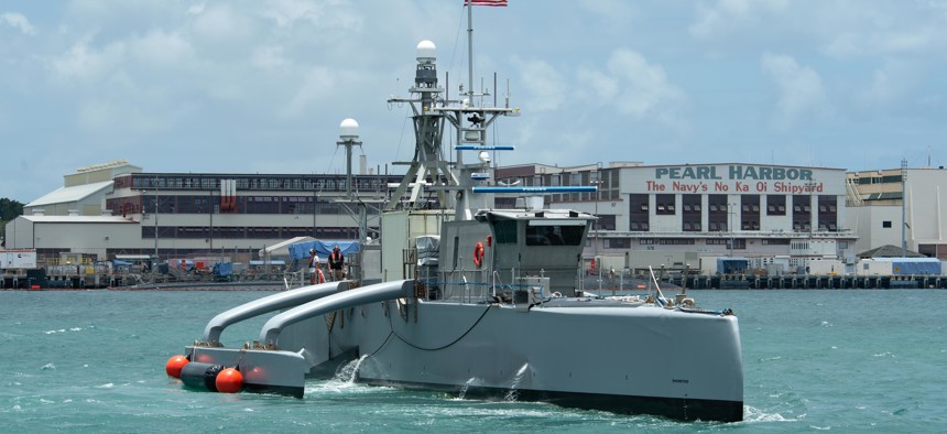 PEARL HARBOR (June 29, 2022) – Sea Hunter, an autonomous unmanned surface vehicle, arrives at Pearl Harbor to participate in the Rim of Pacific (RIMPAC) 2022. 