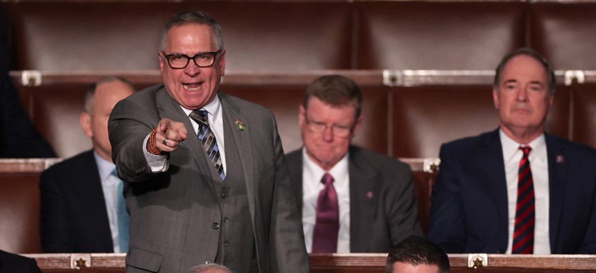U.S. Rep. Mike Bost (R-IL) yells out as Rep. Matt Gaetz (R-FL) delivers remarks in the House Chamber during the fourth day of elections for Speaker of the House at the U.S. Capitol Building on January 06, 2023 in Washington, DC. The House of Representatives is meeting to vote for the next Speaker after House Republican Leader Kevin McCarthy (R-CA) failed to earn more than 218 votes on several ballots; the first time in 100 years that the Speaker was not elected on the first ballot. Bost has been critical of the Veterans Affairs' rollout of its electronic health records system. 