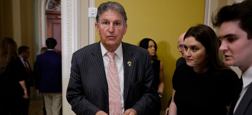 WASHINGTON, DC - MARCH 15: Sen. Joe Manchin (D-WV) leaves the weekly Democratic Senate policy luncheon at the U.S. Capitol on March 15, 2023 in Washington, DC. Manchin chaired a Senate Armed Services Cybersecurity Subcommittee hearing Wednesday hosting DOD officials. 