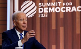 President Joe Biden delivers remarks while hosting the virtual Summit for Democracy Virtual Plenary session from the South Court Auditorium in the Eisenhower Executive Office Building on March 29, 2023 in Washington, DC.