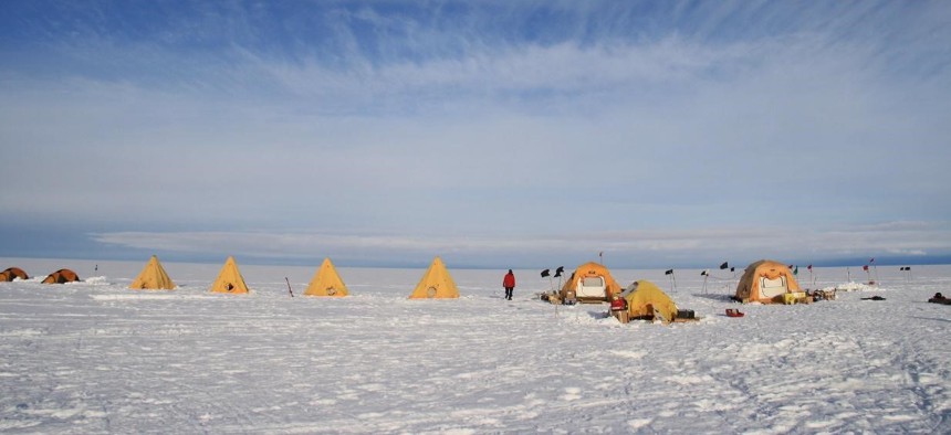 Tents dot the landscape at Cavity Camp on the Eastern Thwaites Glacier Ice Shelf. Scientists reside here as they conduct research as part of the International Thwaites Glacier Collaboration
