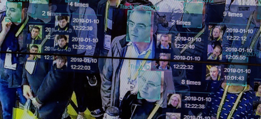 A live demonstration uses artificial intelligence and facial recognition in dense crowd spatial-temporal technology at the Horizon Robotics exhibit at the Las Vegas Convention Center during CES 2019 in Las Vegas on January 10, 2019. 