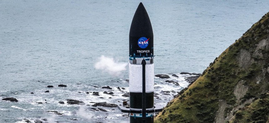 Rocket Lab’s Electron rocket at Launch Complex 1 in Mahia, New Zealand on April 28, 2023. NASA’s Time-Resolved Observations of Precipitation structure and storm Intensity with a Constellation of Smallsats (TROPICS) CubeSats are secured in the payload fairing atop the rocket.