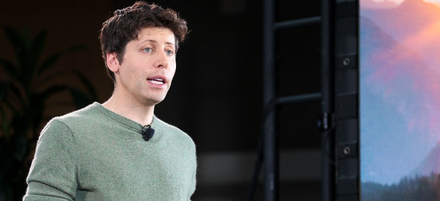Sam Altman speaks during a keynote address announcing ChatGPT integration for Bing at Microsoft in Redmond, Washington, on February 7, 2023. Altman will testify before the Senate Judiciary Committee May 16.