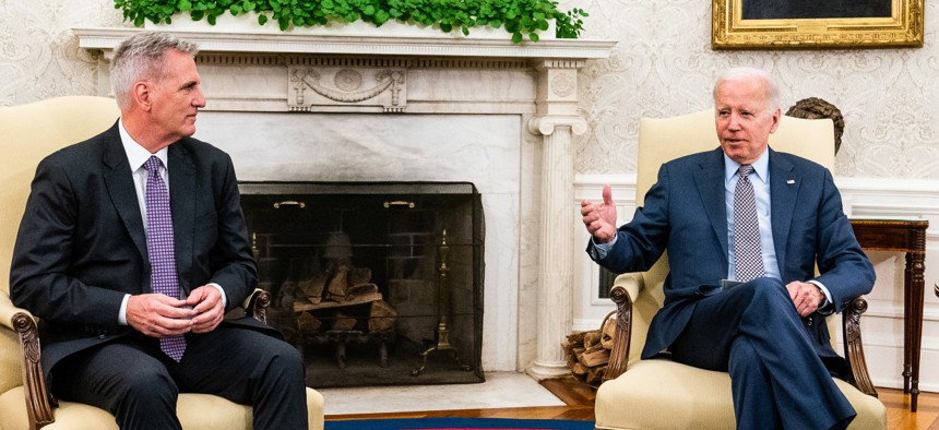 President Biden meets with House Speaker Kevin McCarthy in the Oval Office of the White House on May 22. The two sides appeared closer to a deal on the debt limit on Thursday. 