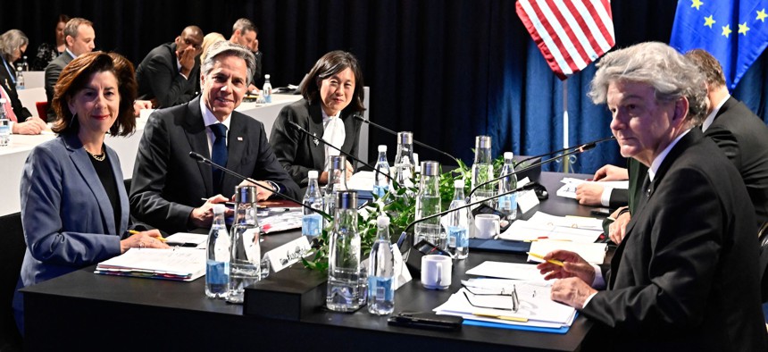  U.S. Secretary of Commerce Gina Raimondo, U.S. Secretary of State Antony Blinken, U.S. Trade Representative Katherine Tai and European officials at a meeting of the Trade and Technology Council in Lulea, Sweden. 