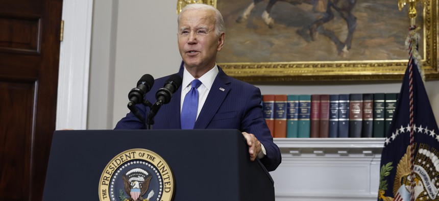 WASHINGTON, DC - JULY 21: U.S. President Joe Biden gives remarks on Artificial Intelligence in the Roosevelt Room at the White House on July 21, 2023 in Washington, DC. President Biden gave remarks to reporters before a meeting with seven leaders of A.I. companies that Biden said would consist of a discussion of new safeguarding tactics for the developing technology.