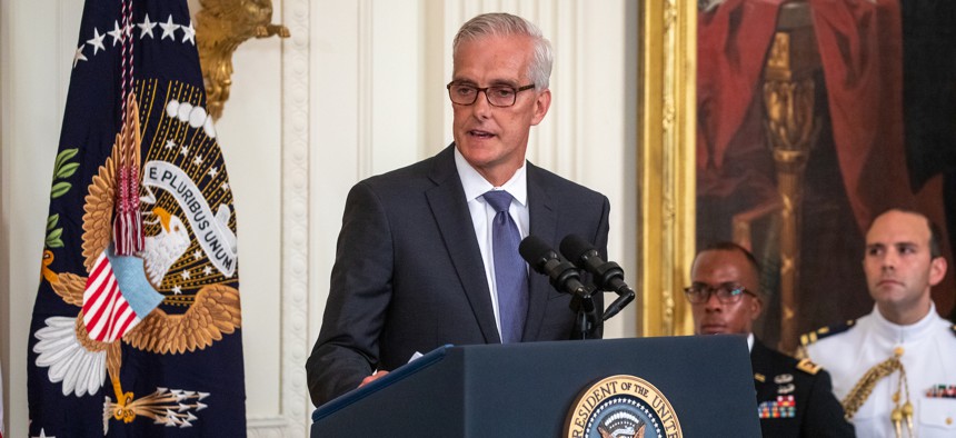 VA Secretary Denis McDonough speaks at the White House signing ceremony for the PACT Act in August 2022.