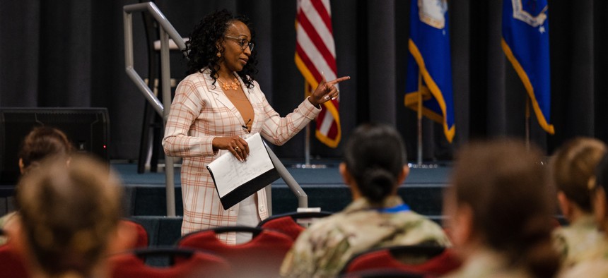 Venice Goodwine speaks at  2022 Air Force Global Strike Command Women’s Leadership Symposium at Barksdale Air Force Base in April 2022.