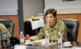Lt. Gen. Maria B. Barrett, the commander of U.S. Army Cyber Command, hosts a town hall meeting January 24, 2023, in Wiesbaden, Germany.