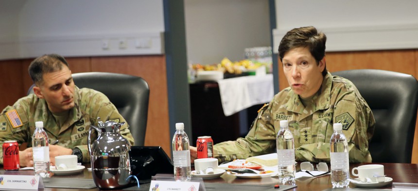 Lt. Gen. Maria B. Barrett, the commander of U.S. Army Cyber Command, hosts a town hall meeting January 24, 2023, in Wiesbaden, Germany.