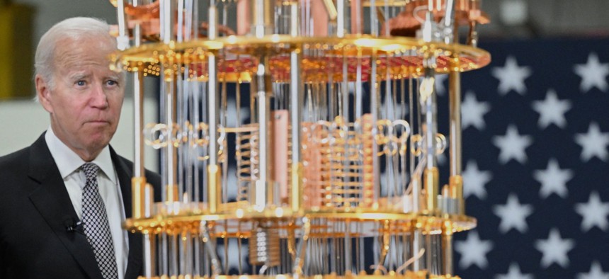 President Biden examines an IBM quantum computer during a tour of a company facility in Poughkeepsie, New York in Oct. 2022.