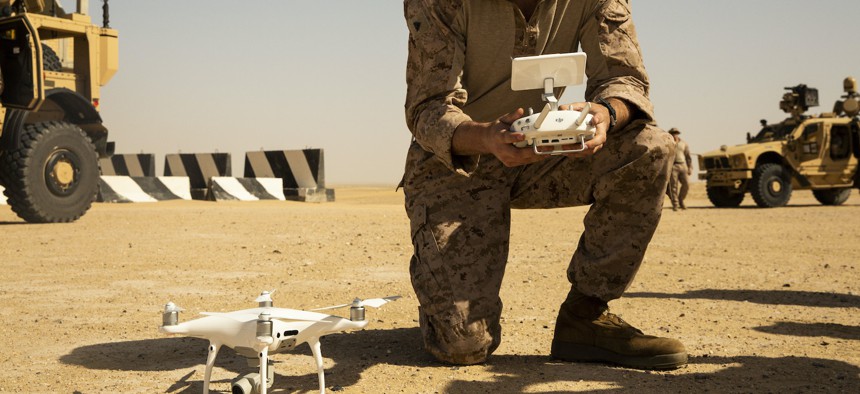 U.S. Marine Corps Cpl. Ryan George prepares to pilot a drone-target during a live-fire range in southwest Asia, Feb. 17, 2019.