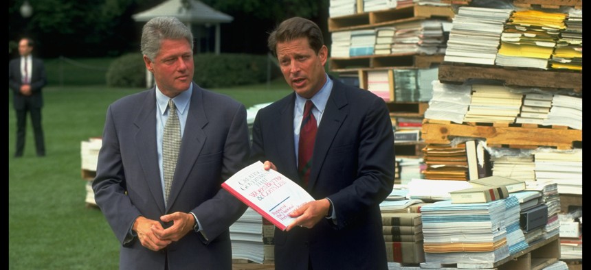 Al Gore speaks alongside Bill Clinton at the release of the report of the Reinventing Government initiative on Sept. 7, 1993.
