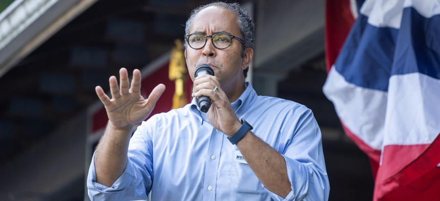 Presidential hopeful Will Hurd campaigns in New Hampshire on Sept. 4, 2023.