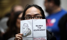 Furloughed federal workers and those aligned with them protest the partial government shutdown in the Hart Senate Office Building on Jan. 23, 2019. If House Republicans aren’t able to agree on a spending plan by Sept. 30, some federal employees will face another furlough. 