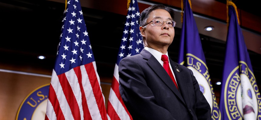 Rep. Ted Lieu (D-CA) listens at a news conference after a meeting with the caucus at the U.S. Capitol Building on September 19, 2023 in Washington, DC.
