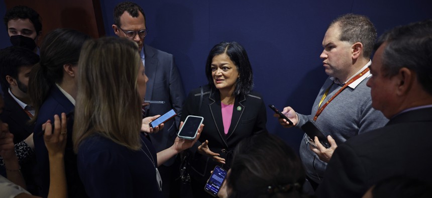 Rep. Pramila Jayapal, D-Wash., shown here speaking with reporters Capitol Hill on Oct. 11, 2023, is a lead signatory to a letter urging the Biden administration to implement an AI Bill of Rights.