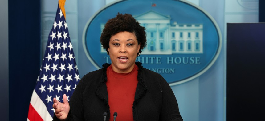 Office of Management and Budget Director Shalanda Young, shown here at the daily White House press briefing on Sept. 29, 2023, said congressional Republicans need to “stop playing games” and give the administration what it needs to confront the challenge at the border.