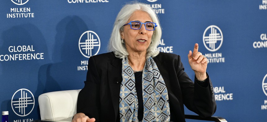 Arati Prabhakar, the top White House science advisor, shown here speaking at a conference in May 2023, teed up a national strategy for artificial intelligence technologies at an event on Thursday.
